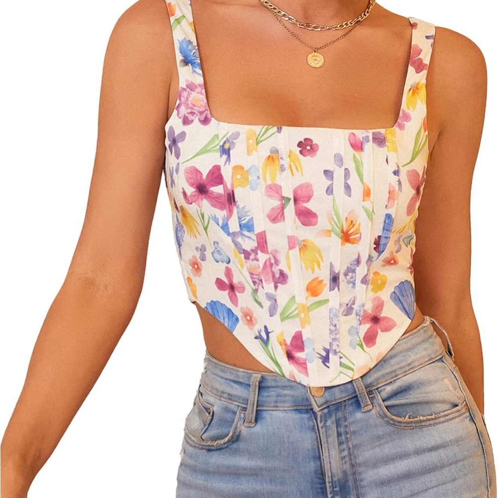 Commense White Floral Corset Camisole with Multicolor Print